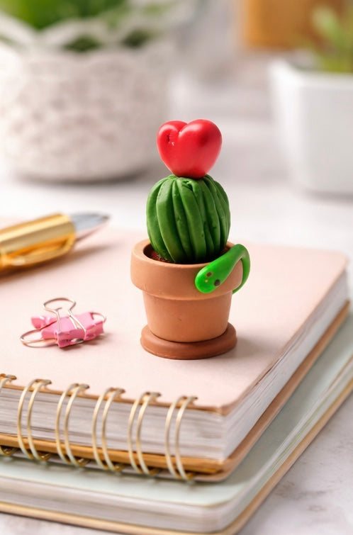 Handmade mini clay cactus figurine with red heart flower and small snake detail in pot