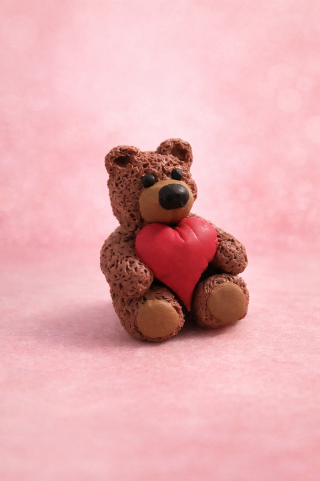 Handmade mini teddy bear polymer clay charm holding a red heart
